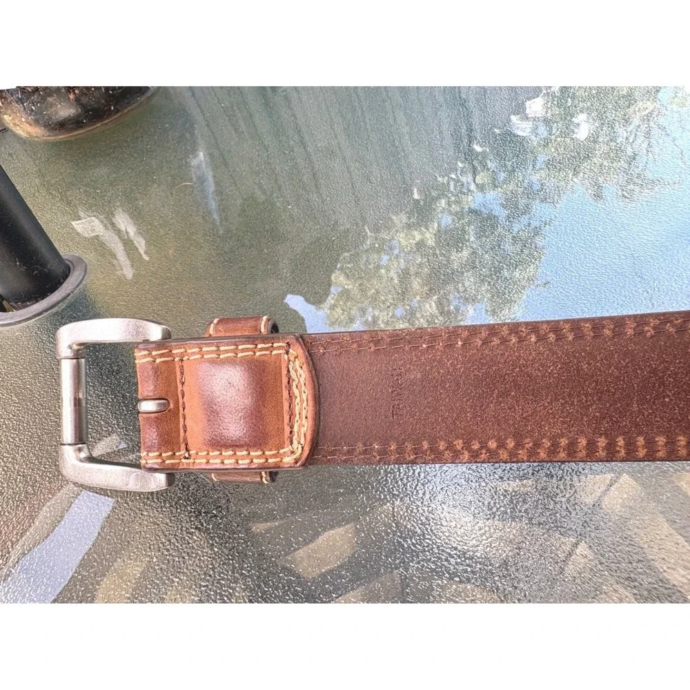Mens Brown Genuine Leather Double Stitched Belt Size 40 Silver Buckle Distressed